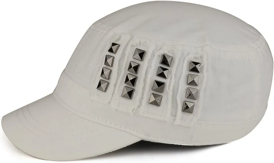 Distressed Flat Top Metallic Studded Frayed Cadet Style Army Cap