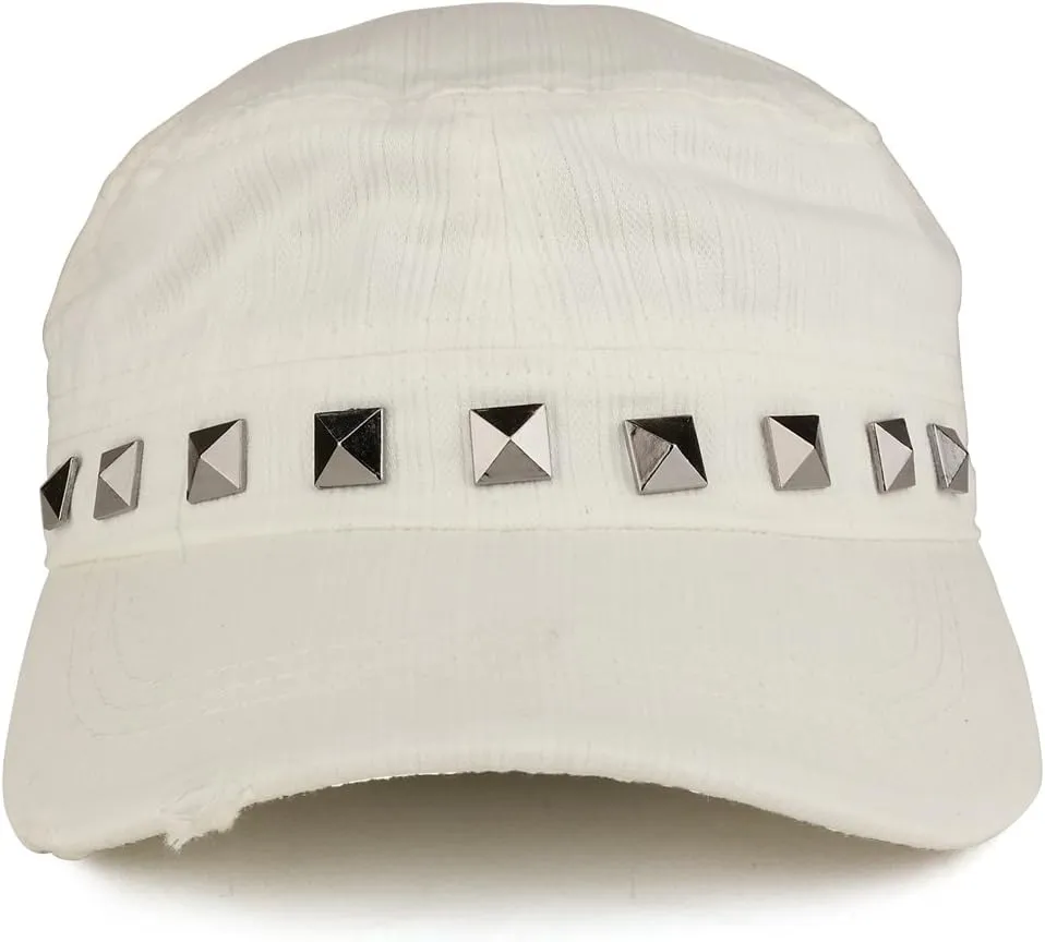 Distressed Flat Top Metallic Studded Frayed Cadet Style Army Cap