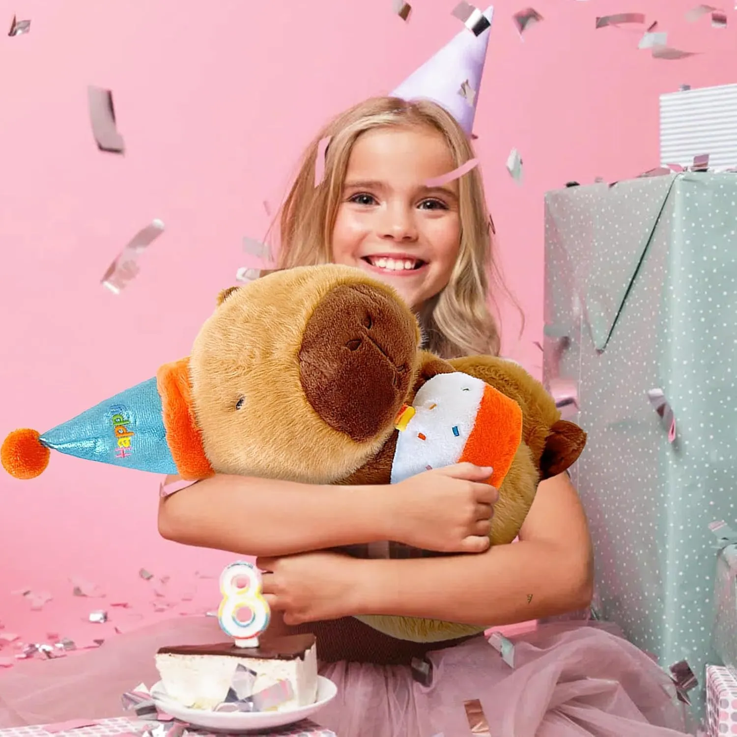 Ditucu Cute Capybara Plush with Happy Birthday Hat Holding Cake Soft Capibara Stuffed Animal Plushies Toys for Birthday Gifts Party Decoration for Kids Brown 8.6 inch