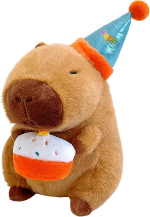 Ditucu Cute Capybara Plush with Happy Birthday Hat Holding Cake Soft Capibara Stuffed Animal Plushies Toys for Birthday Gifts Party Decoration for Kids Brown 8.6 inch