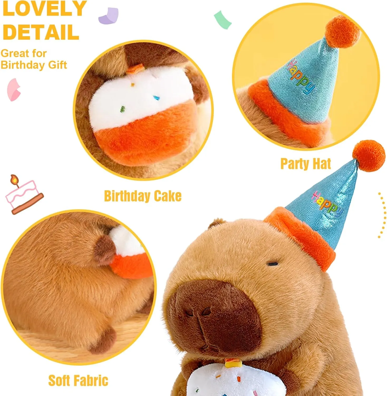 Ditucu Cute Capybara Plush with Happy Birthday Hat Holding Cake Soft Capibara Stuffed Animal Plushies Toys for Birthday Gifts Party Decoration for Kids Brown 8.6 inch