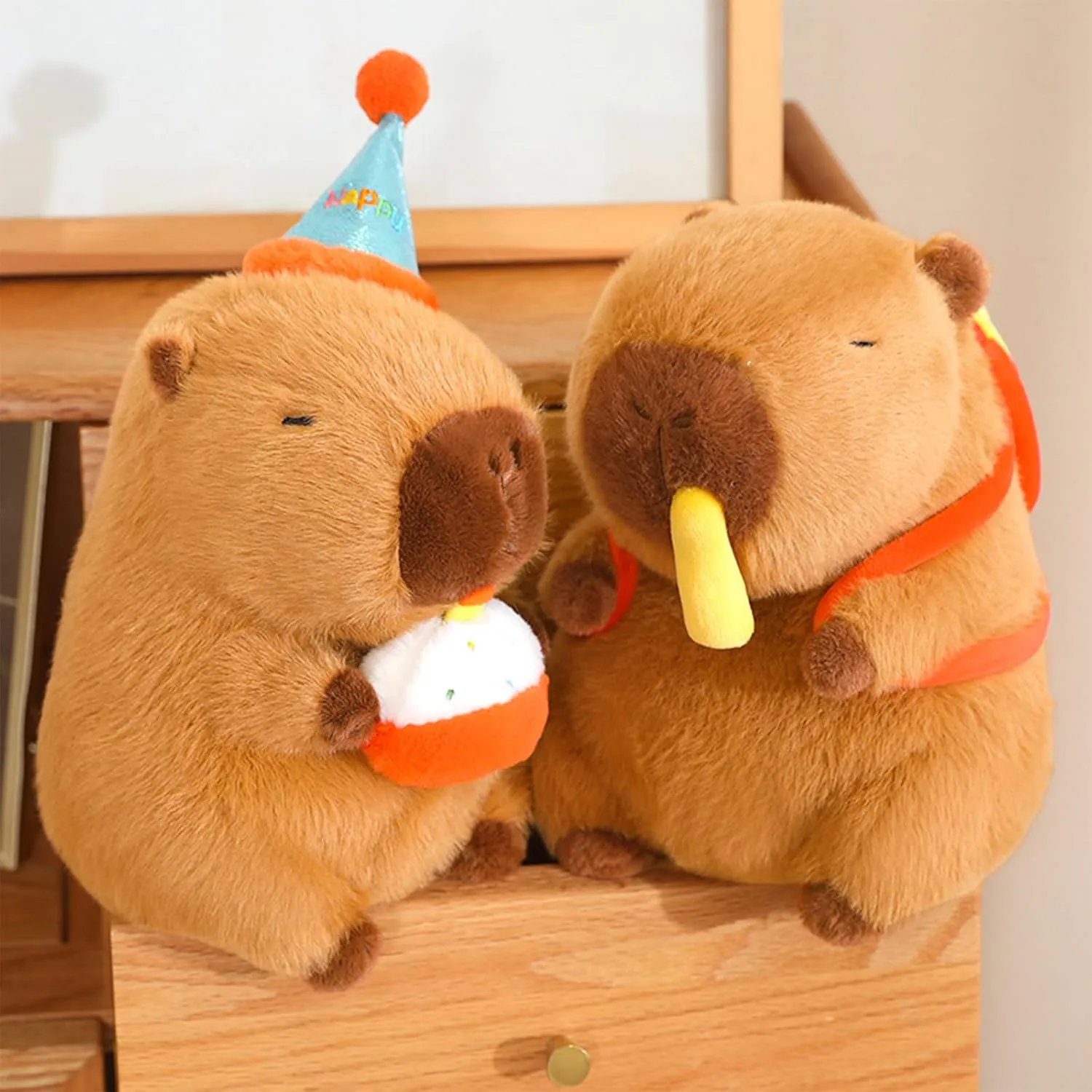 Ditucu Cute Capybara Plush with Happy Birthday Hat Holding Cake Soft Capibara Stuffed Animal Plushies Toys for Birthday Gifts Party Decoration for Kids Brown 8.6 inch