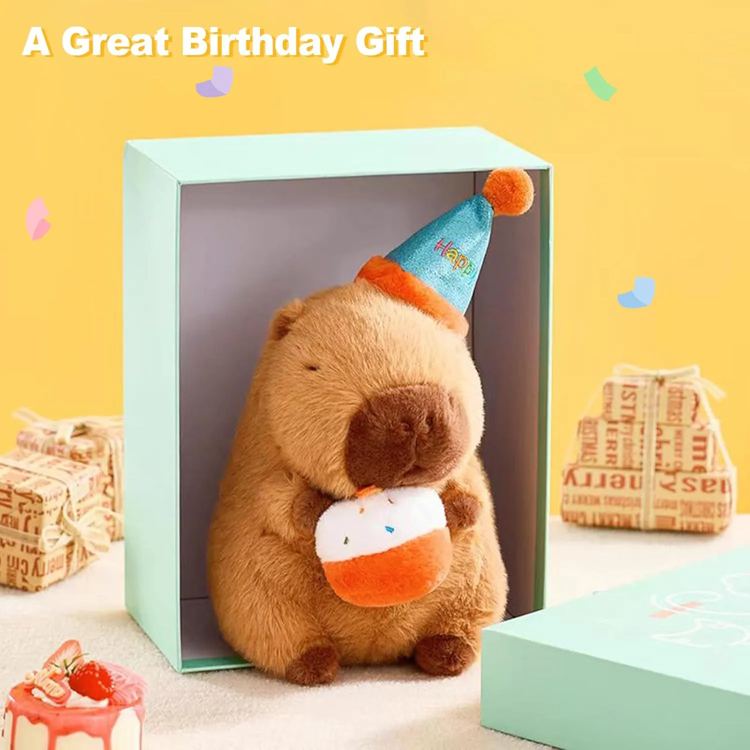 Ditucu Cute Capybara Plush with Happy Birthday Hat Holding Cake Soft Capibara Stuffed Animal Plushies Toys for Birthday Gifts Party Decoration for Kids Brown 8.6 inch