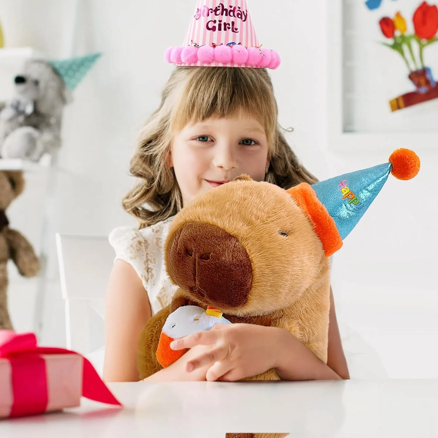 Ditucu Cute Capybara Plush with Happy Birthday Hat Holding Cake Soft Capibara Stuffed Animal Plushies Toys for Birthday Gifts Party Decoration for Kids Brown 8.6 inch