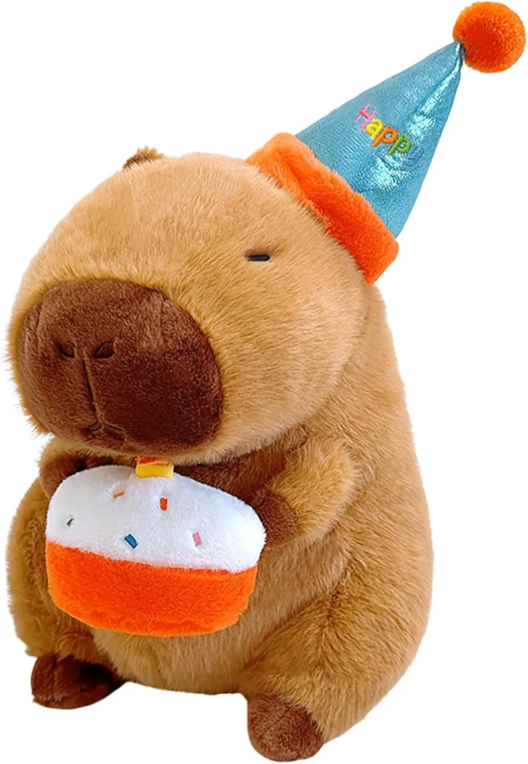 Ditucu Cute Capybara Plush with Happy Birthday Hat Holding Cake Soft Capibara Stuffed Animal Plushies Toys for Birthday Gifts Party Decoration for Kids Brown 8.6 inch