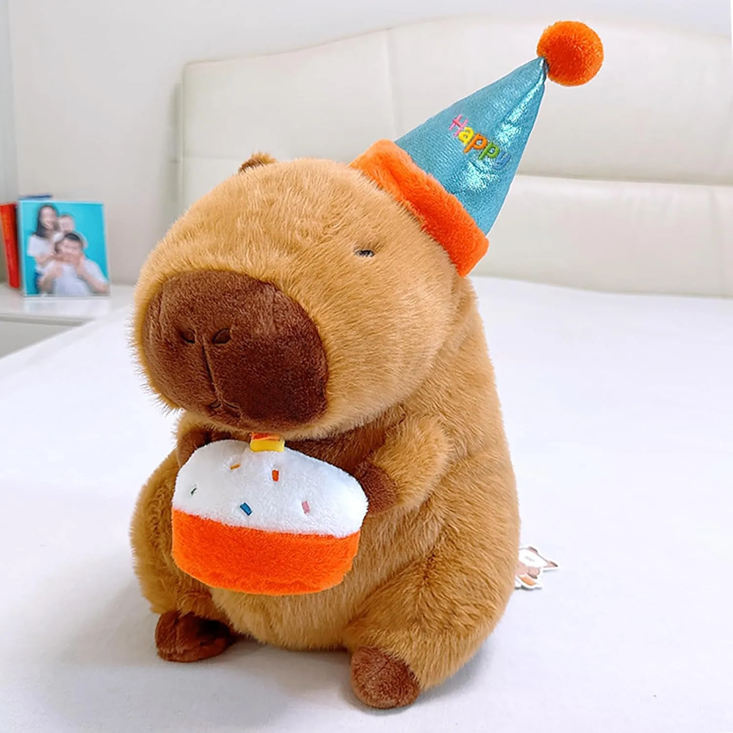 Ditucu Cute Capybara Plush with Happy Birthday Hat Holding Cake Soft Capibara Stuffed Animal Plushies Toys for Birthday Gifts Party Decoration for Kids Brown 8.6 inch