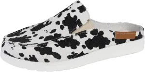DOIX Women's Flat Mules Closed Toe Canvas Flat Clogs Sandals Backless Slip on Slides Loafer Shoes Garden Shoes Summer Boat Shoes Walking Slippers,Cow Print,US10/EU41