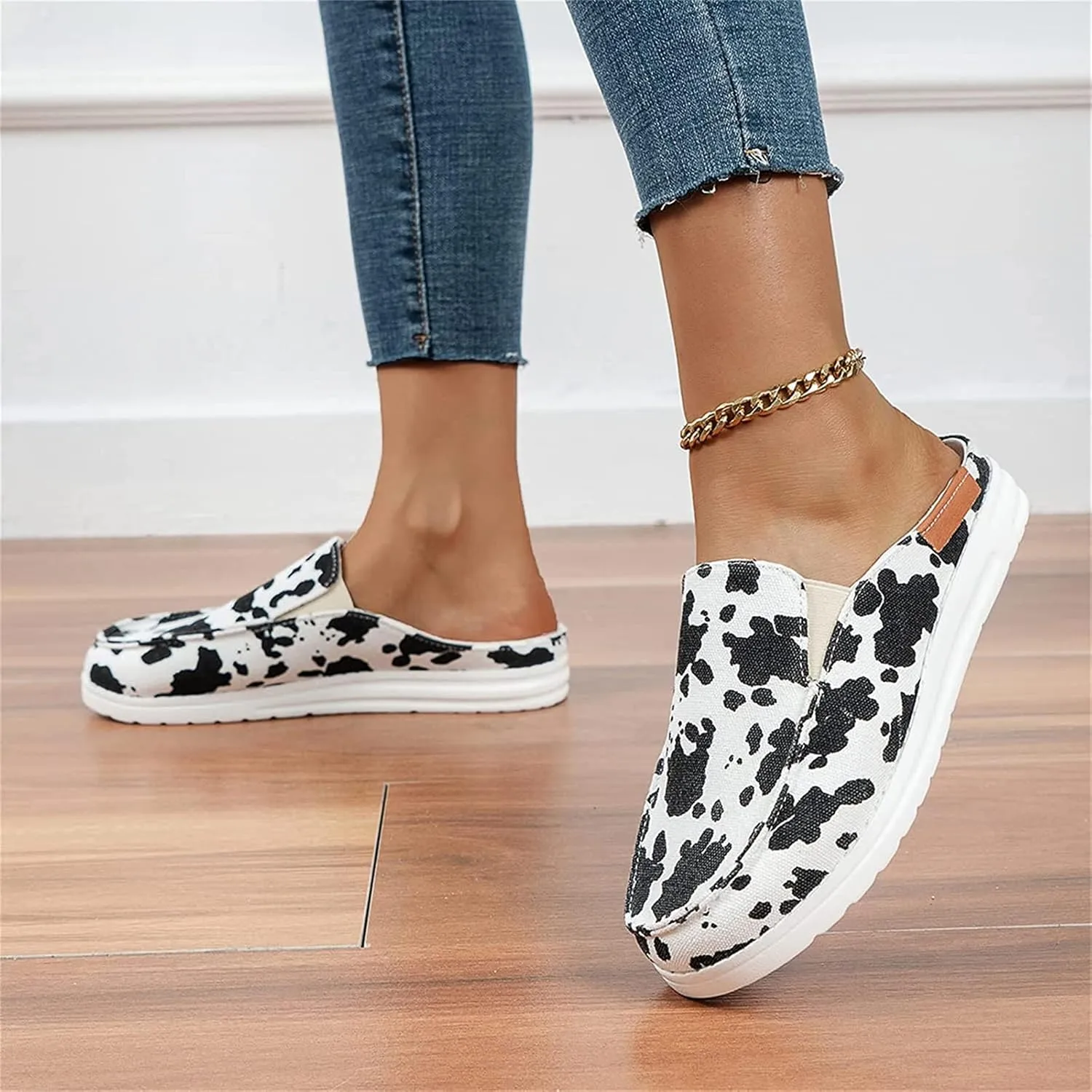 DOIX Women's Flat Mules Closed Toe Canvas Flat Clogs Sandals Backless Slip on Slides Loafer Shoes Garden Shoes Summer Boat Shoes Walking Slippers,Cow Print,US10/EU41
