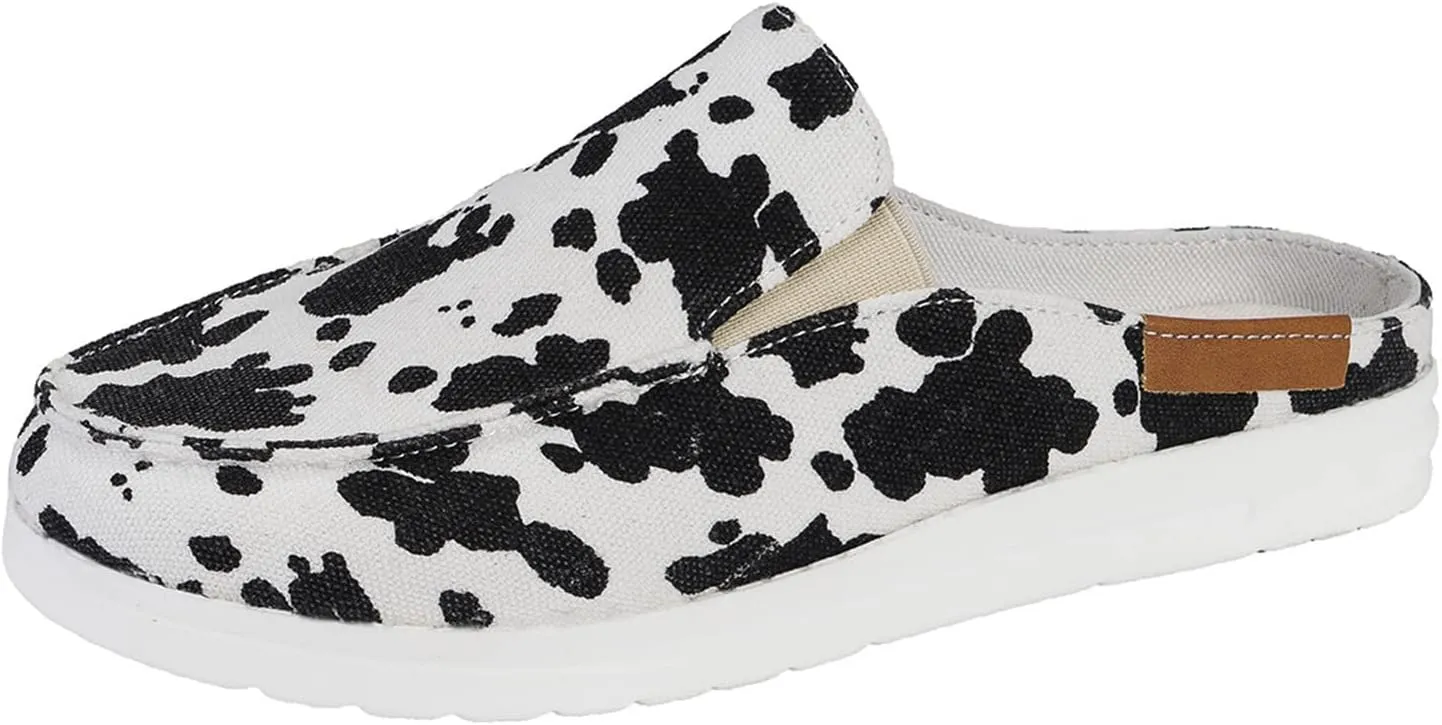 DOIX Women's Flat Mules Closed Toe Canvas Flat Clogs Sandals Backless Slip on Slides Loafer Shoes Garden Shoes Summer Boat Shoes Walking Slippers,Cow Print,US10/EU41