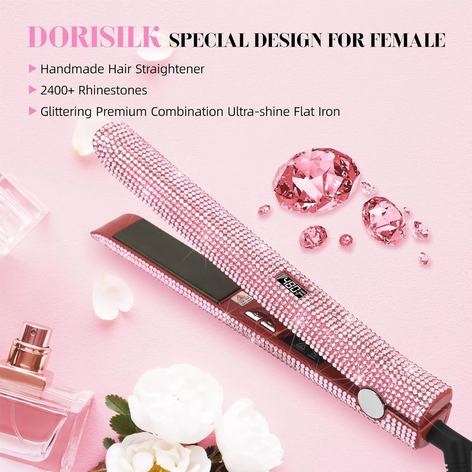 DORISILK 480°F High Temp Titanium Flat Iron, Pink Hair Straightener and Curler 2 in 1 Bedazzled Rhinestone Crystal Bling Straightening Curling Flattening Iron 30s Fast Heat Dual Voltage 1" Soft Pink