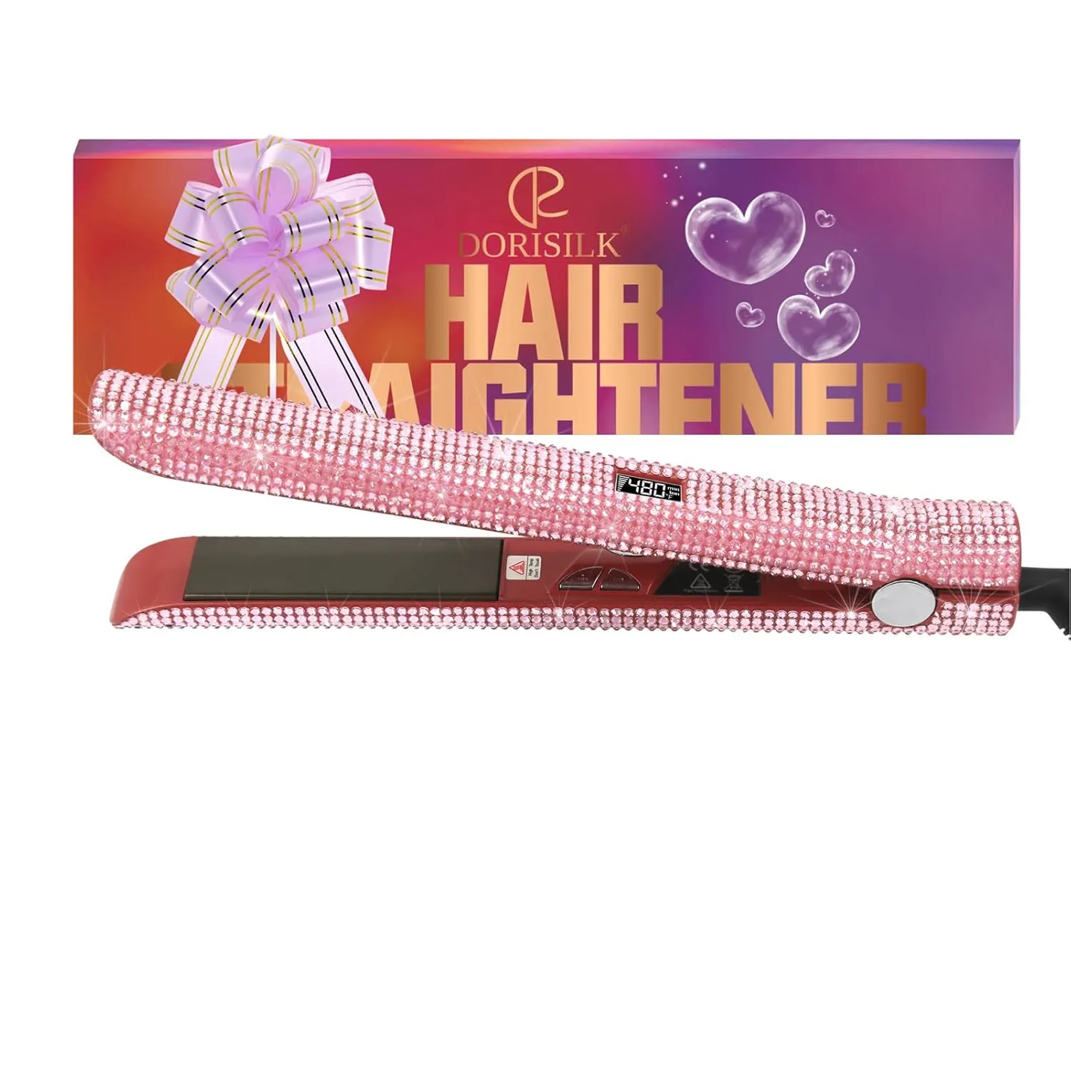 DORISILK 480°F High Temp Titanium Flat Iron, Pink Hair Straightener and Curler 2 in 1 Bedazzled Rhinestone Crystal Bling Straightening Curling Flattening Iron 30s Fast Heat Dual Voltage 1" Soft Pink