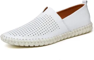 Driving Loafer for Men Casual Shoes Slip on Synthetic Leather Round Toe Solid Color Stitching Rubber Sole Splice Antislip (Perforated Option) (Color : White, Size : 7 M US)