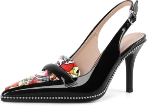Eldof Pointed Toe Slingback Heels for Women Beaded Stiletto High Heel Women Pumps Shoes Dress 3.5 Inches in Multi Color