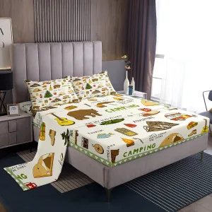 Erosebridal Camper Bedding Set Camping Tent Bed Sheets Set Camping Gear Must Haves, Happy Glamping Trailer Sheet Set Lodge Cabin Cottage Camfire Sheets Queen, Camping Accessories Rustic Camper Decor
