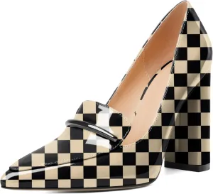 Esvowido Women's Chunky Heel Loafer Pumps with Trim High Block Heels Slip on Dress Shoes for Wedding Party Casual