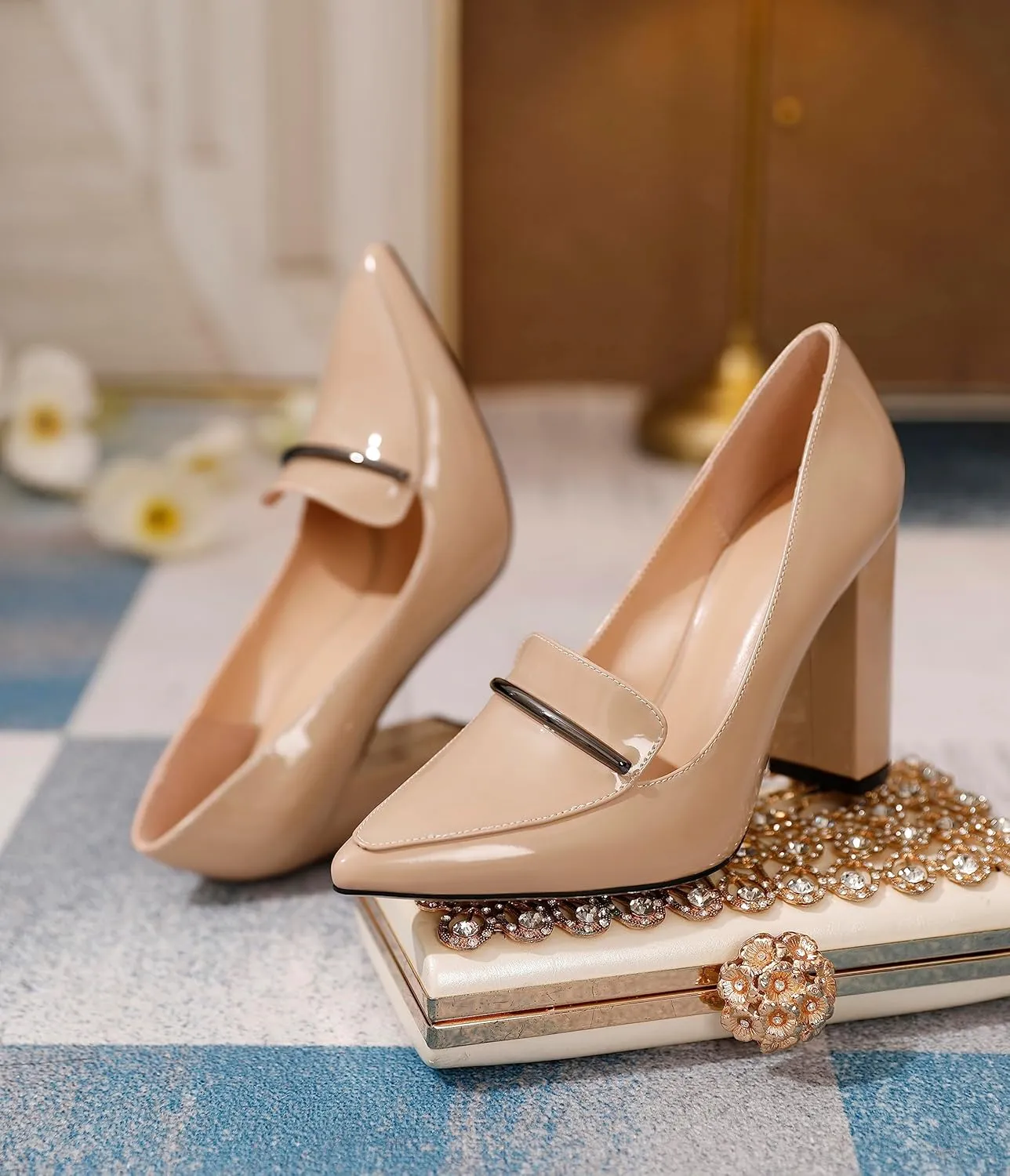 Esvowido Women's Chunky Heel Loafer Pumps with Trim High Block Heels Slip on Dress Shoes for Wedding Party Casual