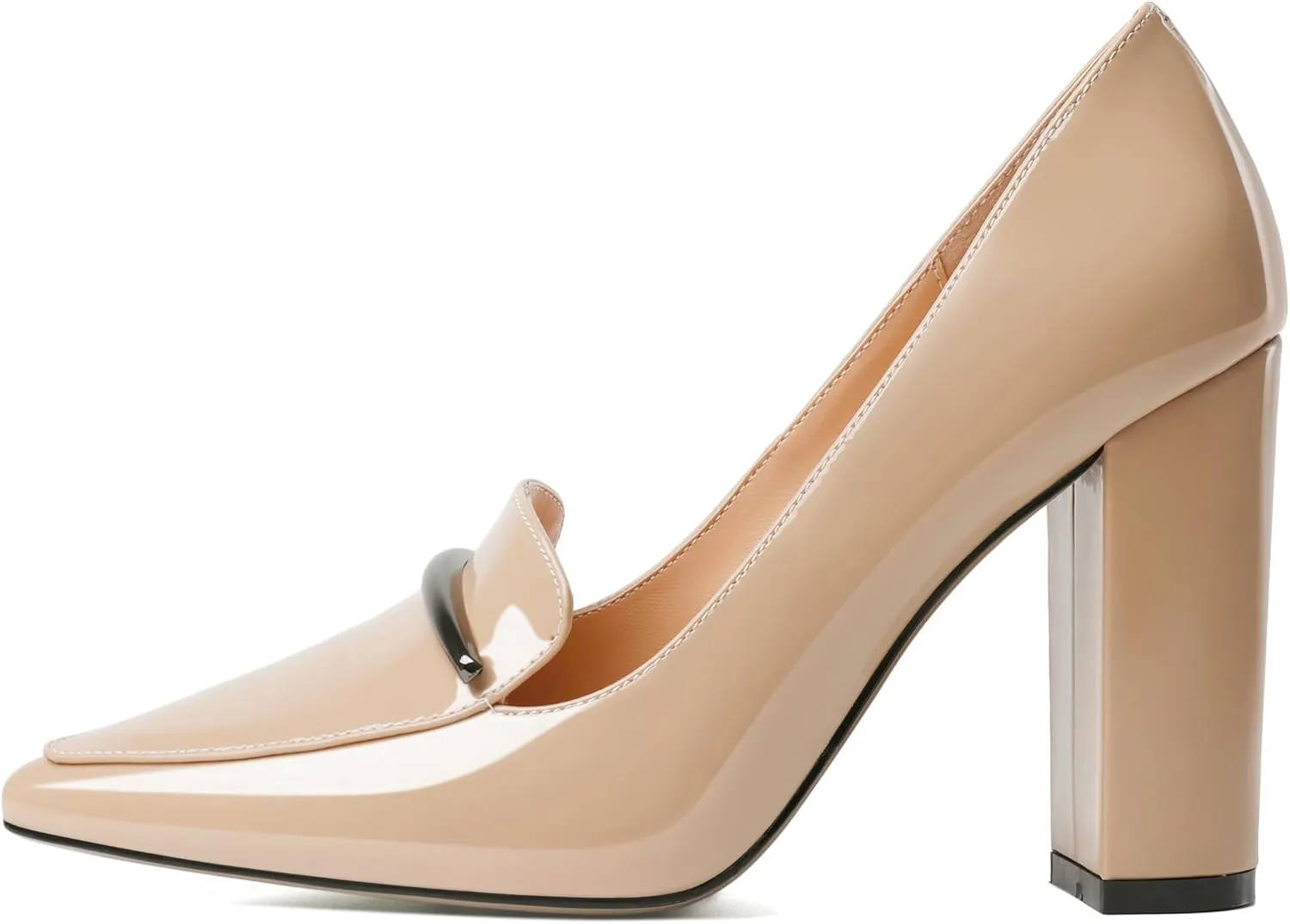 Esvowido Women's Chunky Heel Loafer Pumps with Trim High Block Heels Slip on Dress Shoes for Wedding Party Casual