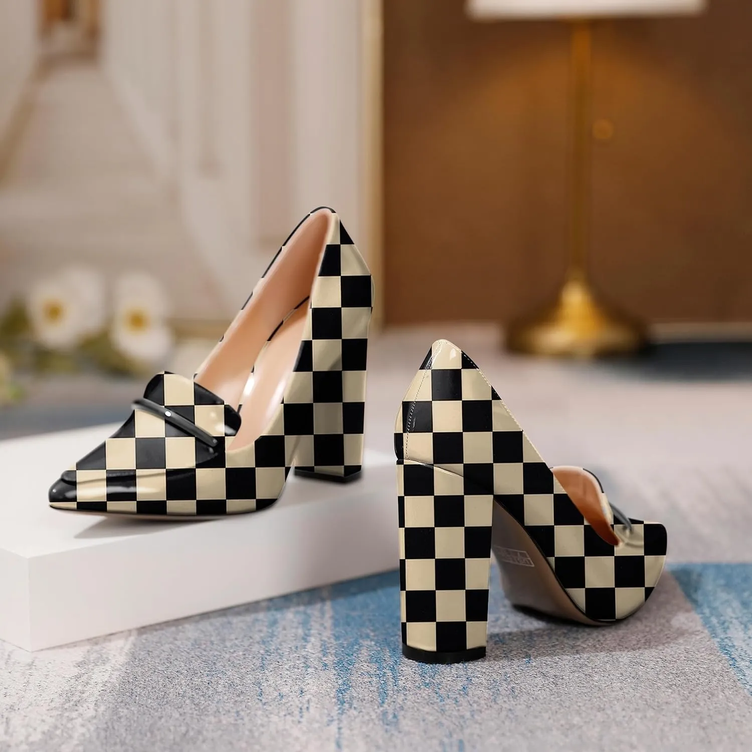 Esvowido Women's Chunky Heel Loafer Pumps with Trim High Block Heels Slip on Dress Shoes for Wedding Party Casual