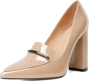 Esvowido Women's Chunky Heel Loafer Pumps with Trim High Block Heels Slip on Dress Shoes for Wedding Party Casual