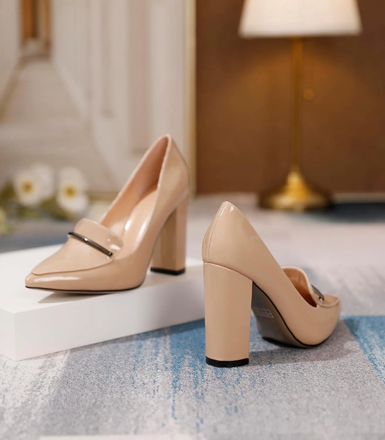 Esvowido Women's Chunky Heel Loafer Pumps with Trim High Block Heels Slip on Dress Shoes for Wedding Party Casual