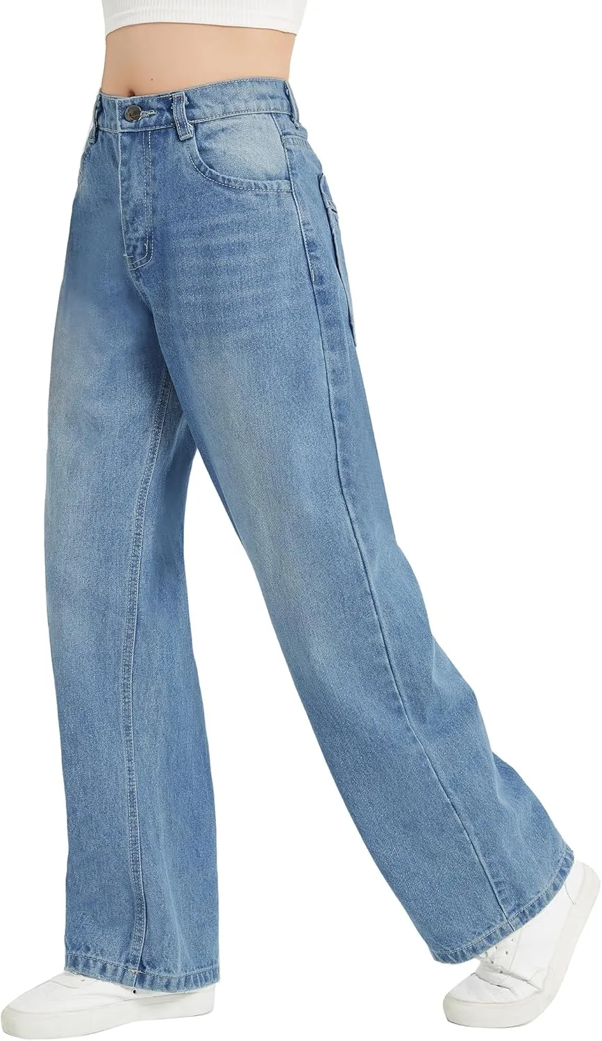 EXARUS Girls Jeans Wide Leg Cute Baggy Teen Denim Pants Mid Rise Elastic Band with Pockets Casual