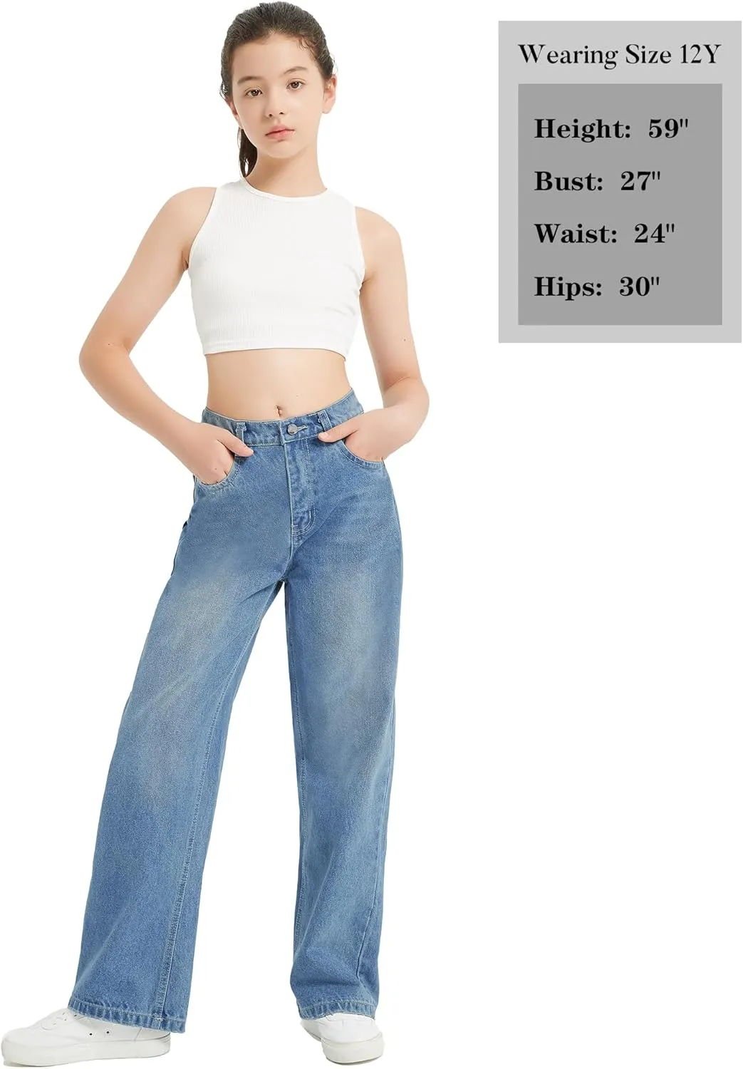 EXARUS Girls Jeans Wide Leg Cute Baggy Teen Denim Pants Mid Rise Elastic Band with Pockets Casual