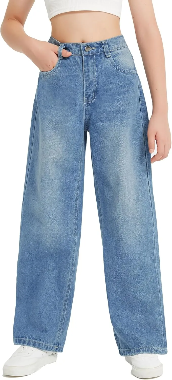 EXARUS Girls Jeans Wide Leg Cute Baggy Teen Denim Pants Mid Rise Elastic Band with Pockets Casual