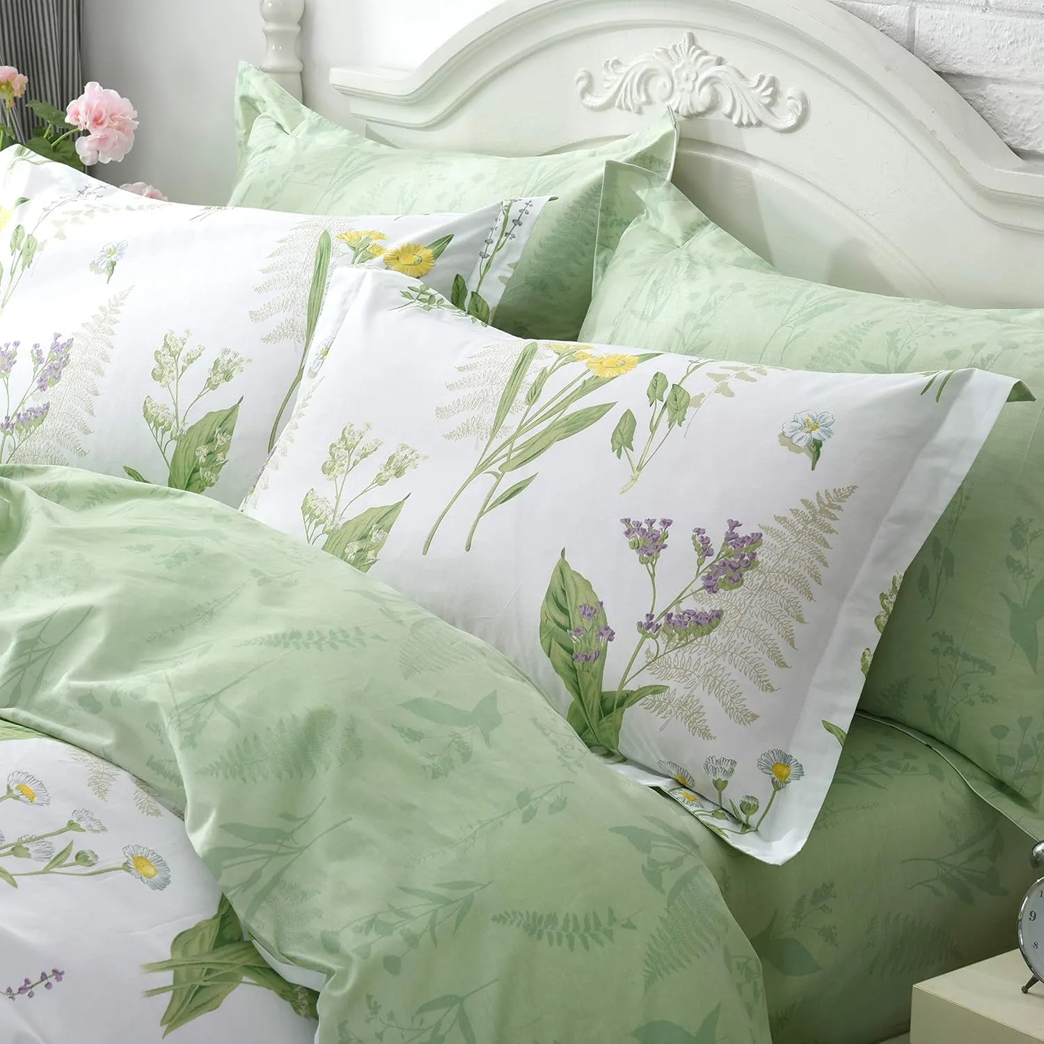 FADFAY Farmhouse Premium Shabby Green Daisy and Botanical Lavender Flowers 100% Cotton Bedding Set King Duvet Cover Set with Hidden Zipper Closure 3-Piece:1 Duvet Cover & 2Pillowcases