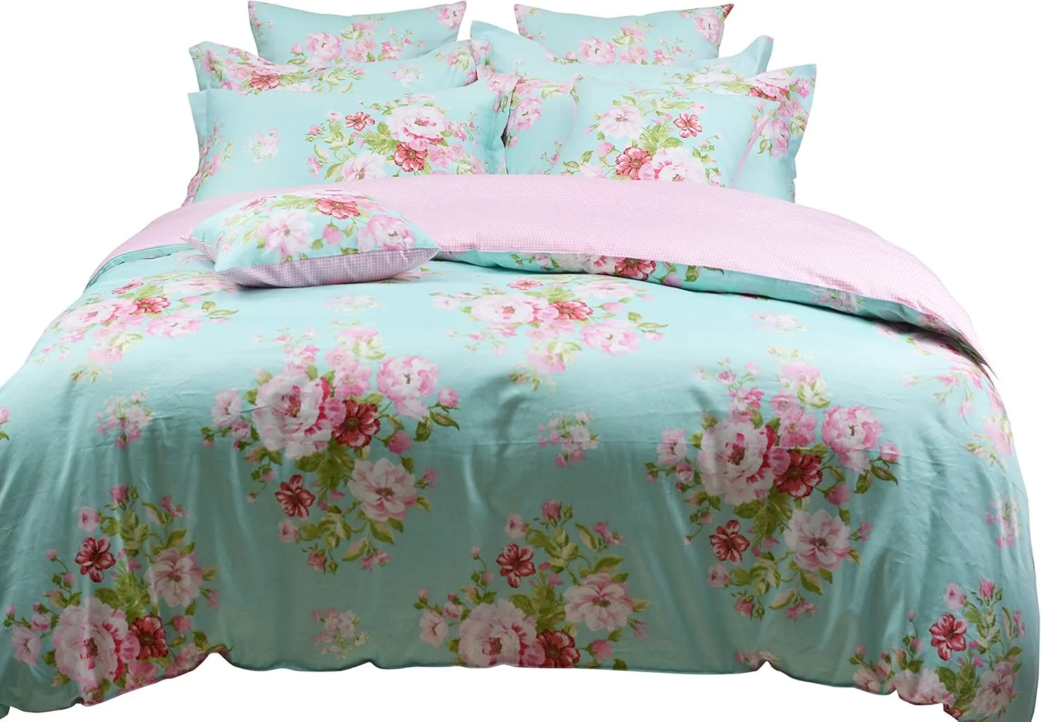 FADFAY Shabby Floral Duvet Cover Set Pink Grid Cotton Farmhouse Bedding with Hidden Zipper Closure 3 Pieces, 1duvet Cover & 2pillowcases,Twin Size