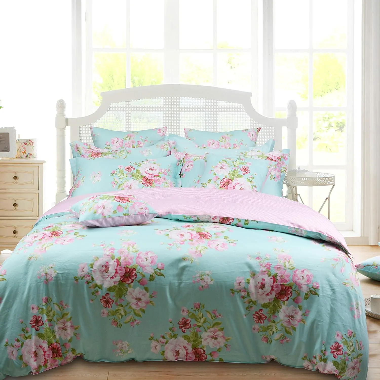 FADFAY Shabby Floral Duvet Cover Set Pink Grid Cotton Farmhouse Bedding with Hidden Zipper Closure 3 Pieces, 1duvet Cover & 2pillowcases,Twin Size