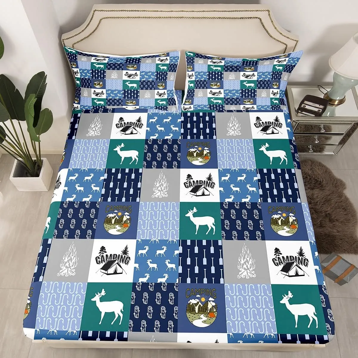 Feelyou Camper Bed Sheet Set Happy Camping Bedding Set Camping Adventure Fitted Sheet Deer Bear Blue Flat Sheet for Kids Boys Girls Adults 3Pcs with 1 Pillow Case Twin