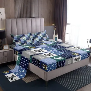 Feelyou Camper Bed Sheet Set Happy Camping Bedding Set Camping Adventure Fitted Sheet Deer Bear Blue Flat Sheet for Kids Boys Girls Adults 3Pcs with 1 Pillow Case Twin
