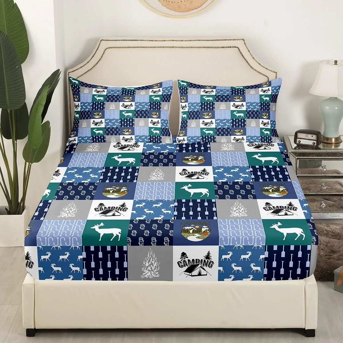 Feelyou Camper Bed Sheet Set Happy Camping Bedding Set Camping Adventure Fitted Sheet Deer Bear Blue Flat Sheet for Kids Boys Girls Adults 3Pcs with 1 Pillow Case Twin