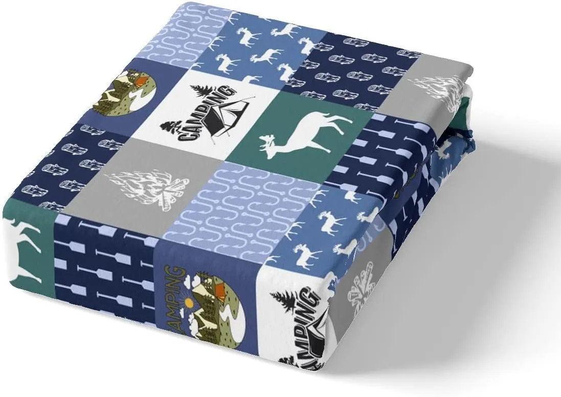 Feelyou Camper Bed Sheet Set Happy Camping Bedding Set Camping Adventure Fitted Sheet Deer Bear Blue Flat Sheet for Kids Boys Girls Adults 3Pcs with 1 Pillow Case Twin