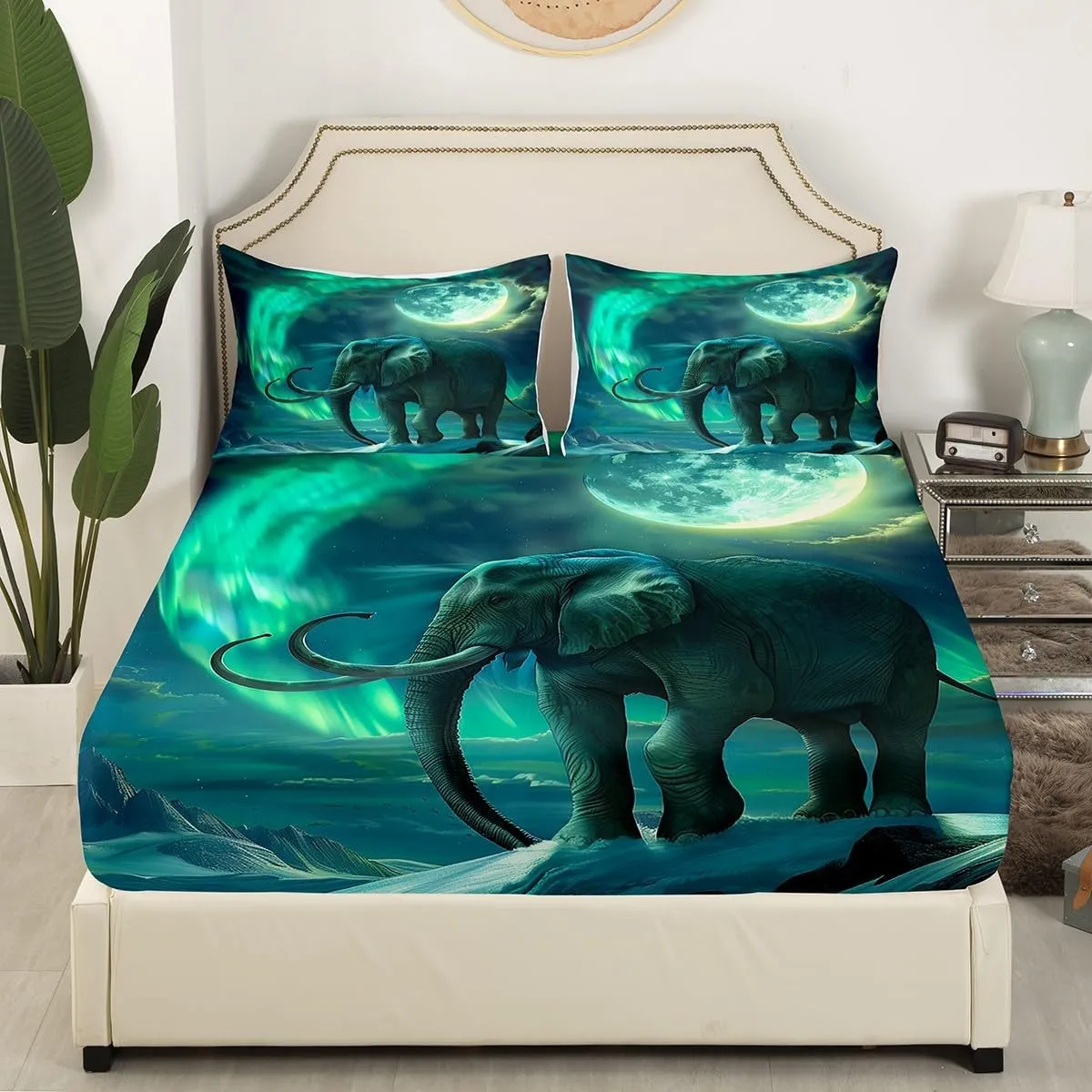 Feelyou Elephant Bed Sheets 3D Wild Animal Pattern Bedding Set for Kids Boys Girls Ethnic Elephant Print Fitted Sheets Moon Galaxy Home Decor Full Size,No Flat Sheet