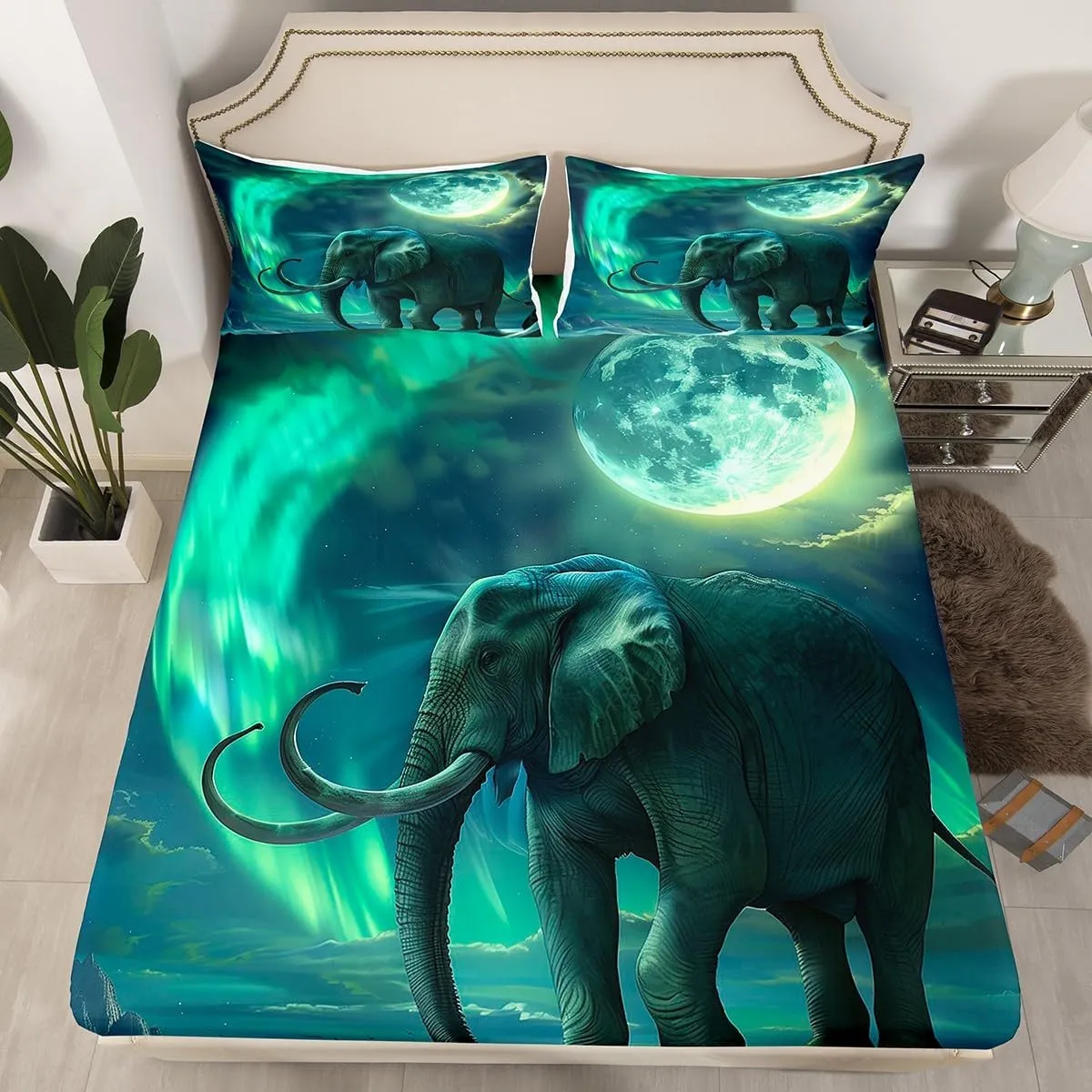 Feelyou Elephant Bed Sheets 3D Wild Animal Pattern Bedding Set for Kids Boys Girls Ethnic Elephant Print Fitted Sheets Moon Galaxy Home Decor Full Size,No Flat Sheet