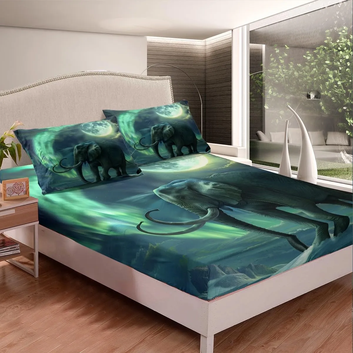 Feelyou Elephant Bed Sheets 3D Wild Animal Pattern Bedding Set for Kids Boys Girls Ethnic Elephant Print Fitted Sheets Moon Galaxy Home Decor Full Size,No Flat Sheet