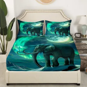 Feelyou Elephant Bed Sheets 3D Wild Animal Pattern Bedding Set for Kids Boys Girls Ethnic Elephant Print Fitted Sheets Moon Galaxy Home Decor Full Size,No Flat Sheet