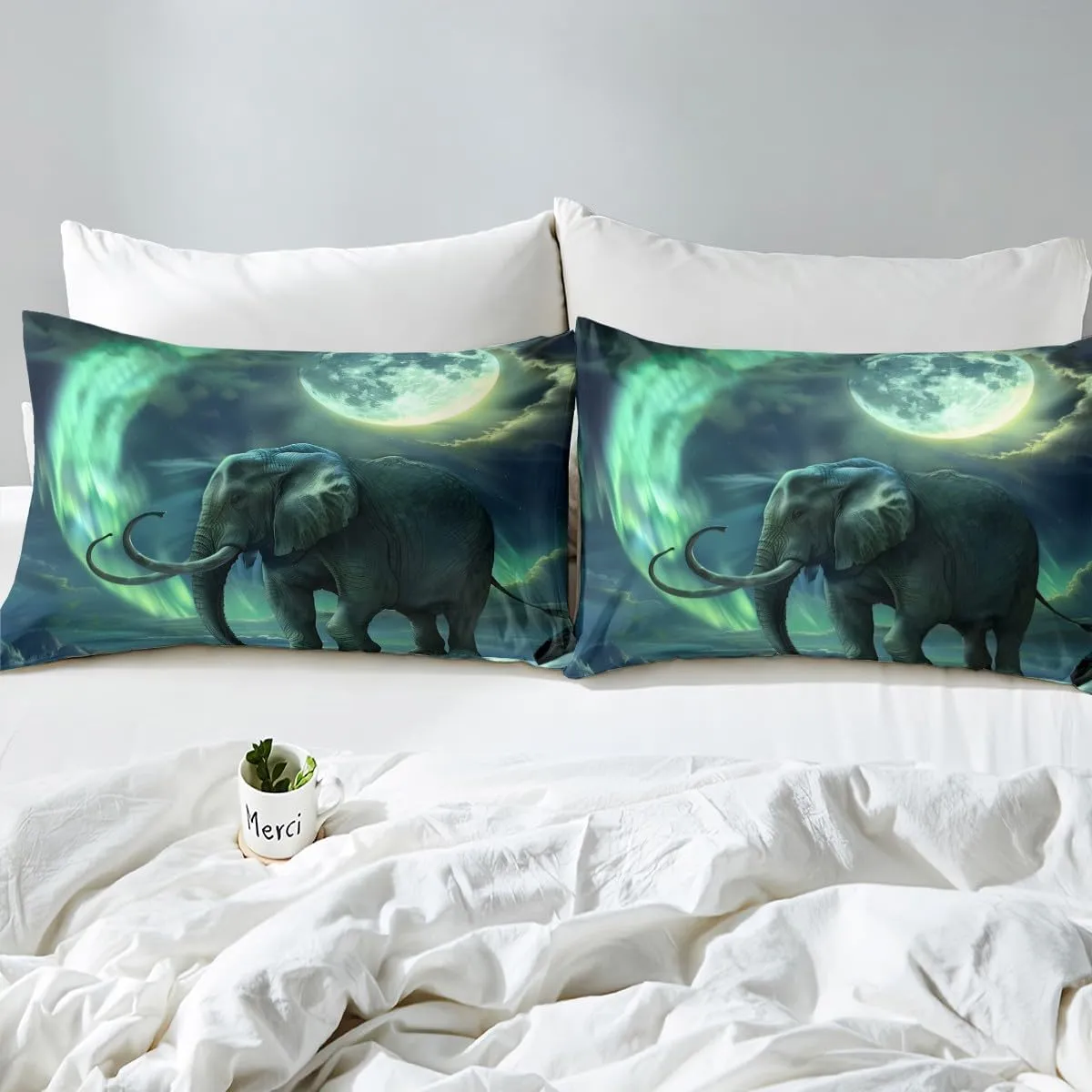 Feelyou Elephant Bed Sheets 3D Wild Animal Pattern Bedding Set for Kids Boys Girls Ethnic Elephant Print Fitted Sheets Moon Galaxy Home Decor Full Size,No Flat Sheet