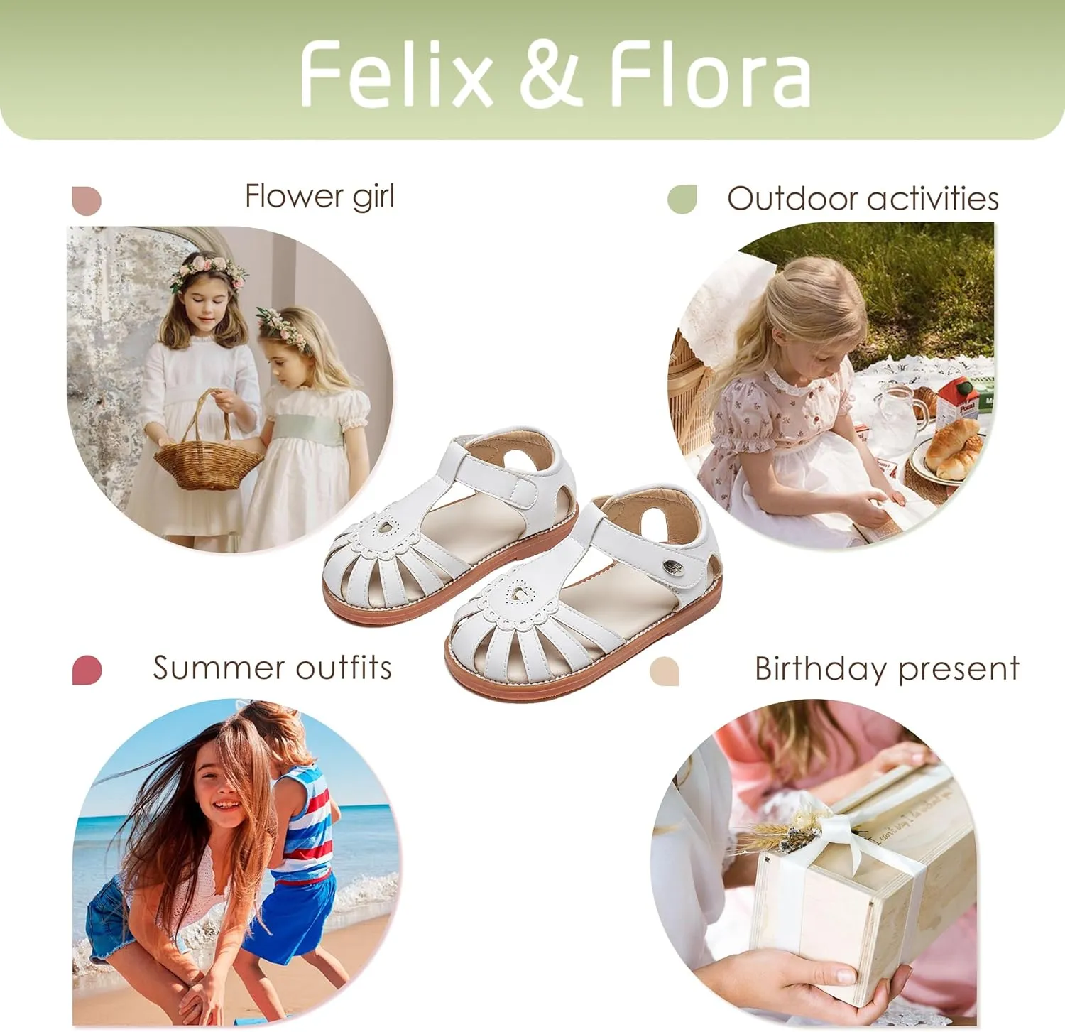Felix & Flora Toddler Girls Sandals Flower Girl Shoes Soft Rubber Princess Summer Flat Shoes