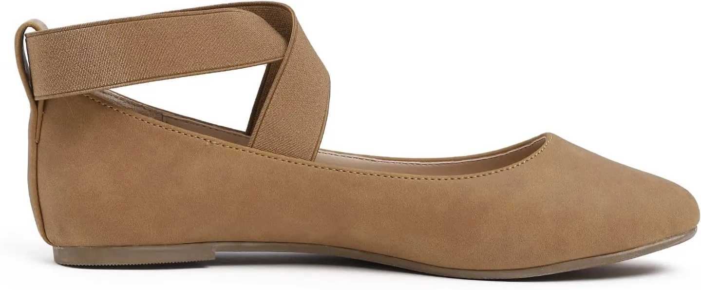 FEVERSOLE Women's Fashion Elastic Ankle Strap Shoes Round Toe Ballet Flat