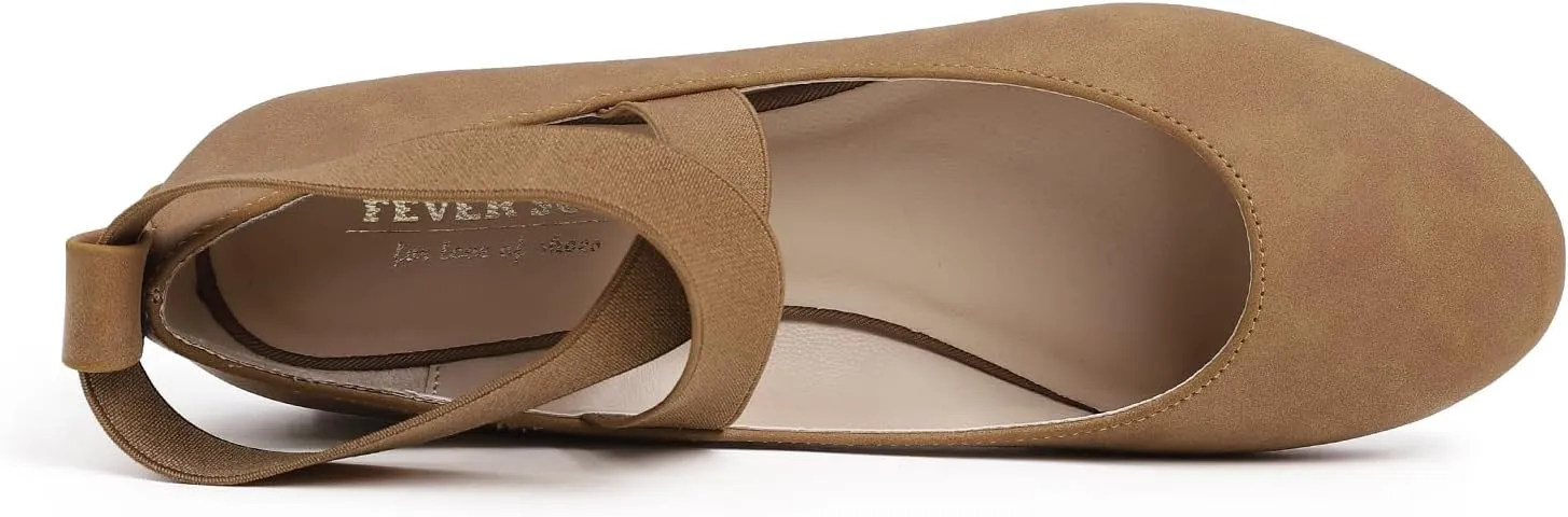 FEVERSOLE Women's Fashion Elastic Ankle Strap Shoes Round Toe Ballet Flat