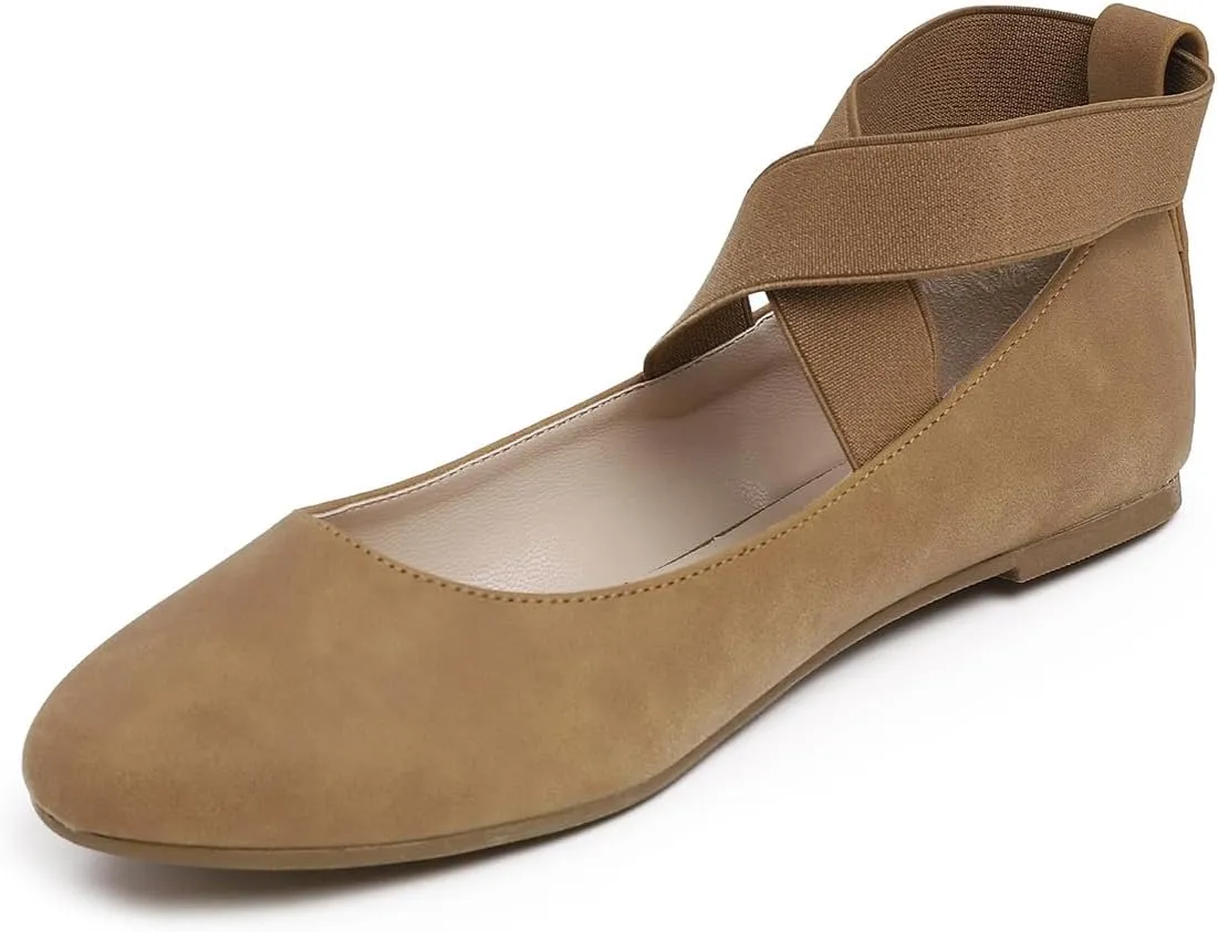FEVERSOLE Women's Fashion Elastic Ankle Strap Shoes Round Toe Ballet Flat