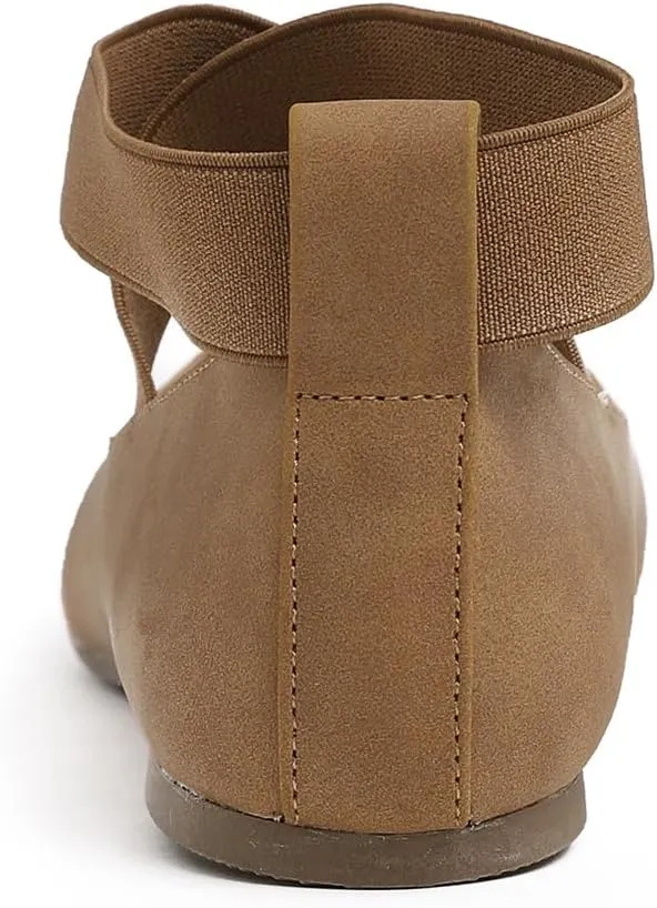 FEVERSOLE Women's Fashion Elastic Ankle Strap Shoes Round Toe Ballet Flat