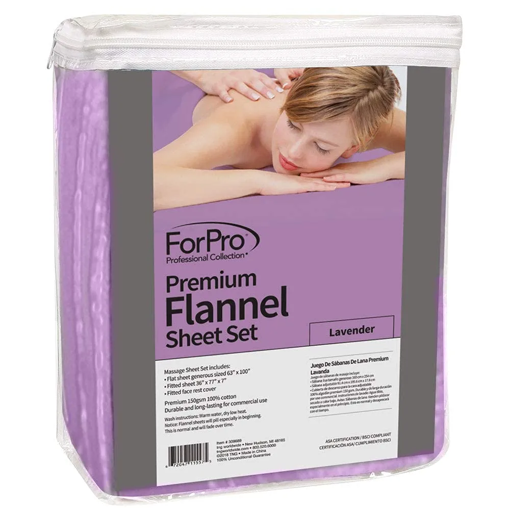 ForPro Premium Flannel 3-Piece Massage Sheet Set, Lavender, for Massage Tables, Includes Massage Flat Sheet, Massage Fitted Sheet, and Massage Fitted Face Rest Cover