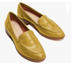 FOWT Yellow Wide Width Shoes Slip On Block Stripped Heel Pointed Toe Loafer