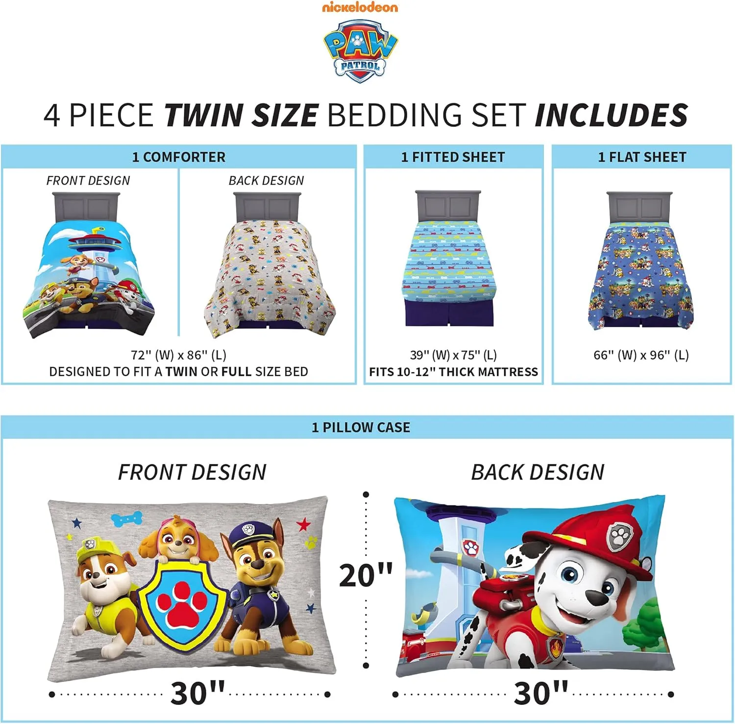 Franco Kids Bedding Super Soft Comforter and Sheet Set, 4 Piece Twin Size, Paw Patrol (Prints may vary)