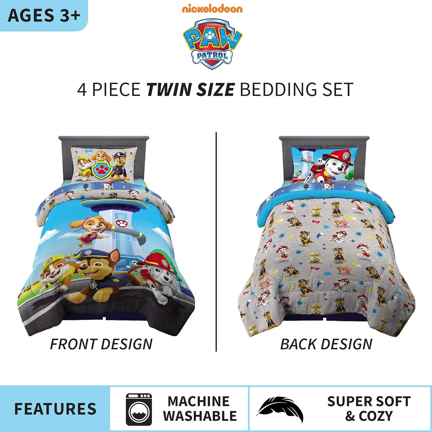Franco Kids Bedding Super Soft Comforter and Sheet Set, 4 Piece Twin Size, Paw Patrol (Prints may vary)