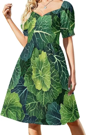 Fresh Green Cabbage Women's Sweetheart Neckline Dress Mini Dresses Short Puff Sleeve Casual Dress