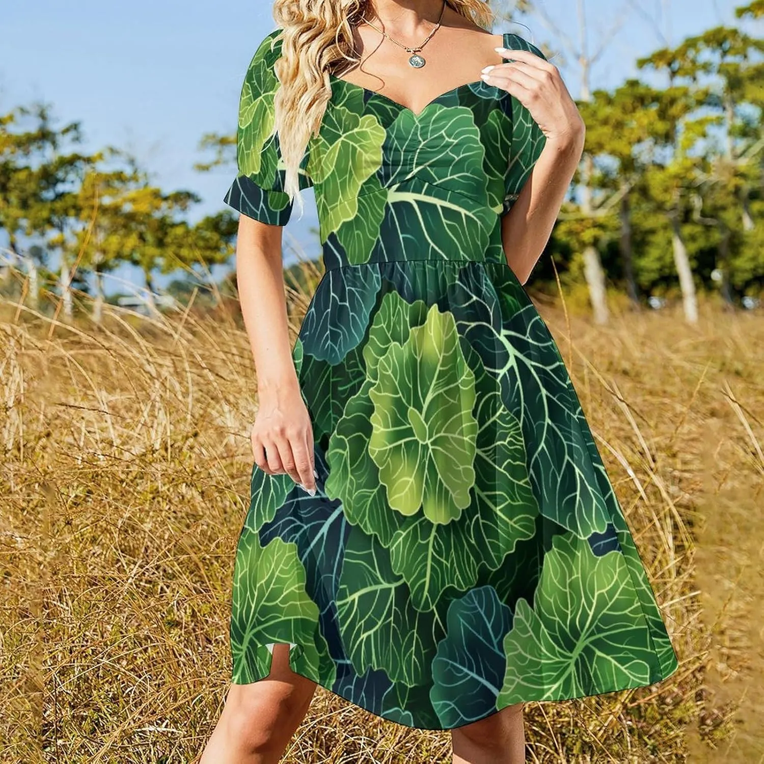 Fresh Green Cabbage Women's Sweetheart Neckline Dress Mini Dresses Short Puff Sleeve Casual Dress